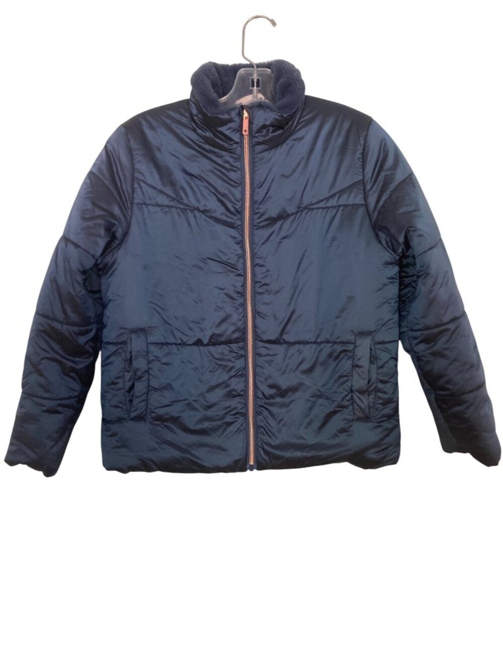 John Lewis & Partners Navy Quilted Jacket Size 10 Faux Fur Lining Rose Gold Zip